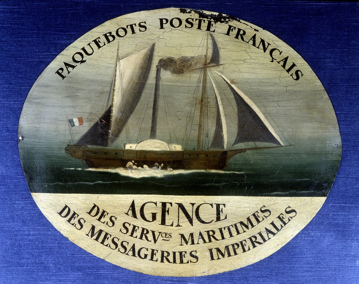 Reklamní cedule pro francouzský poštovní dopravce, agentura námořních služeb imperiálních kurýrů - malba na dřevě, konec 19. stol. od French School