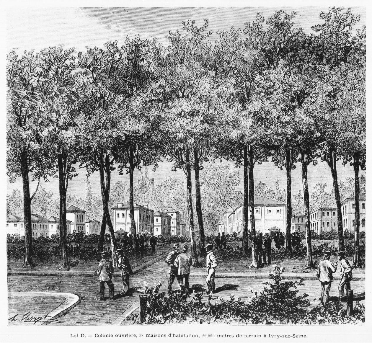 Reklama zobrazující dělnickou kolonii, ilustrace z Le Monde Illustre, 1876 od French School