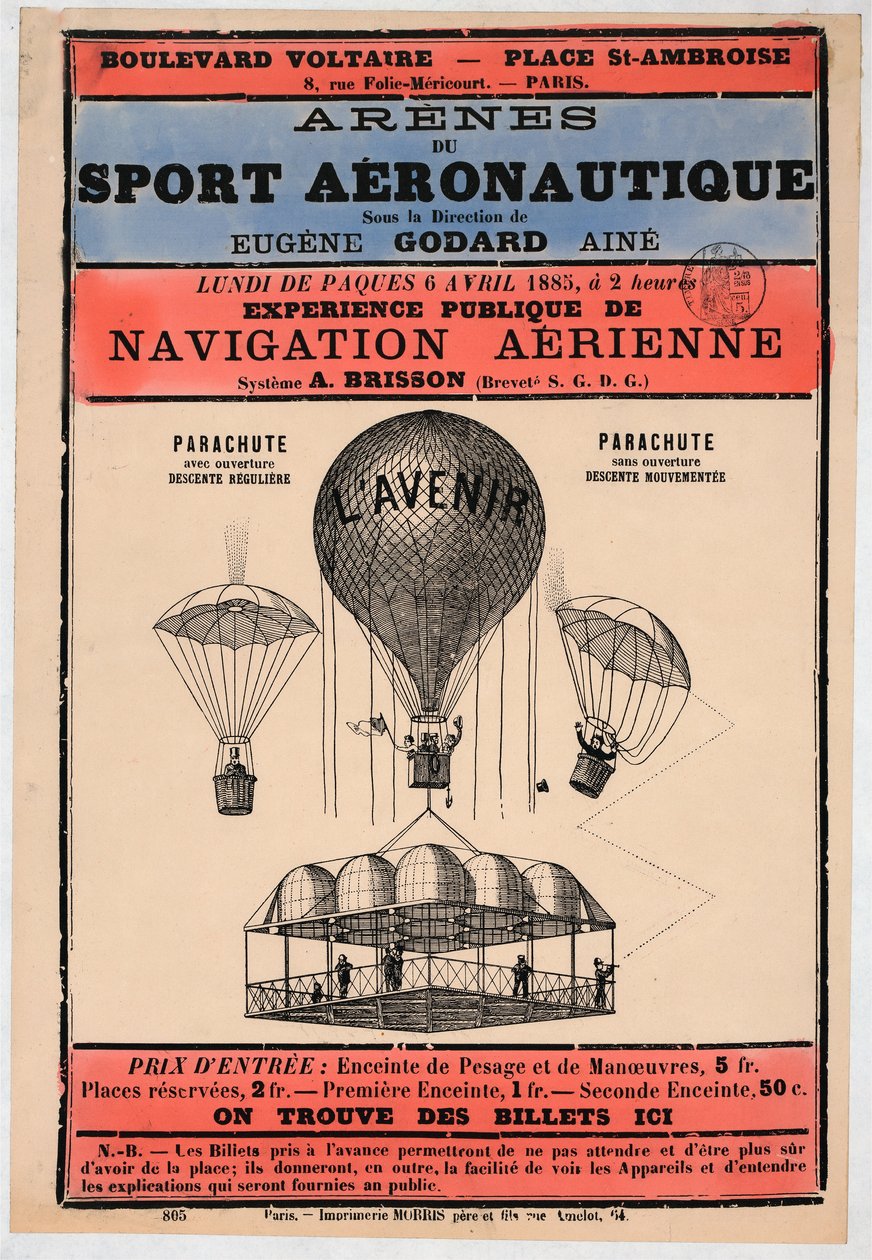 Letecká výstava, která se bude konat v Paříži v roce 1885 pod vedením Eugena Godarda, pb. 1885 (barevná litografie) od French School