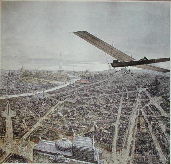 Letadlo letící nad Paříží, ilustrace pro kalendář 1911 (barevné lito) od French School