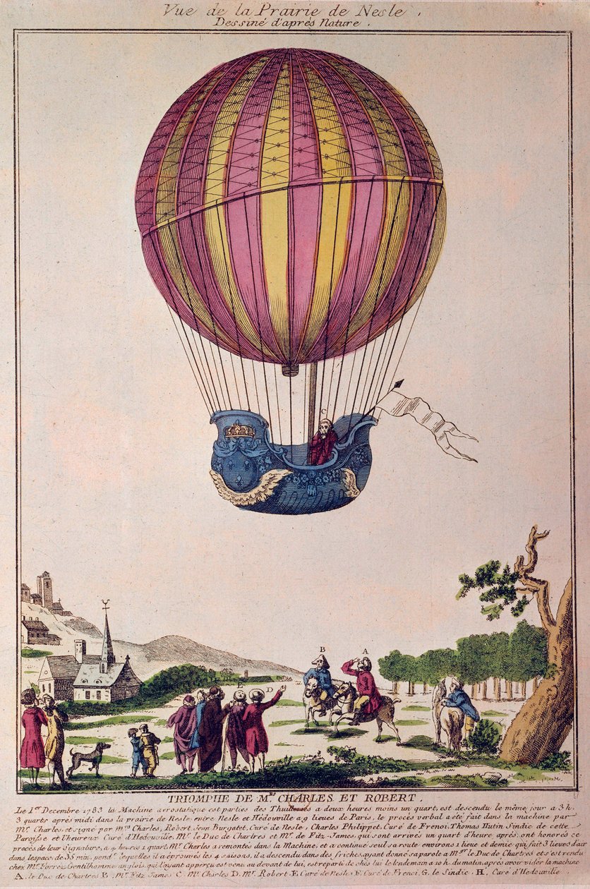 Aerostat: druhý pokus o let balonem. Charles a Robert sestupují na Prérii de Nesle nedaleko Paříže po letu balonem na vodíkový plyn dne 1. 12. 1783. Rytina z 18. století. od French School
