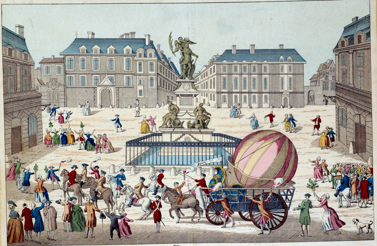 Aerostat: druhý pokus o let na balónu. Celý aerostatický glóbus Charlese a Roberta v Paříži, po cestě na balónu s vodíkovým plynem, 2.12.1783. Anonymní tisk z 18. století. Paříž, dekorativní umění od French School