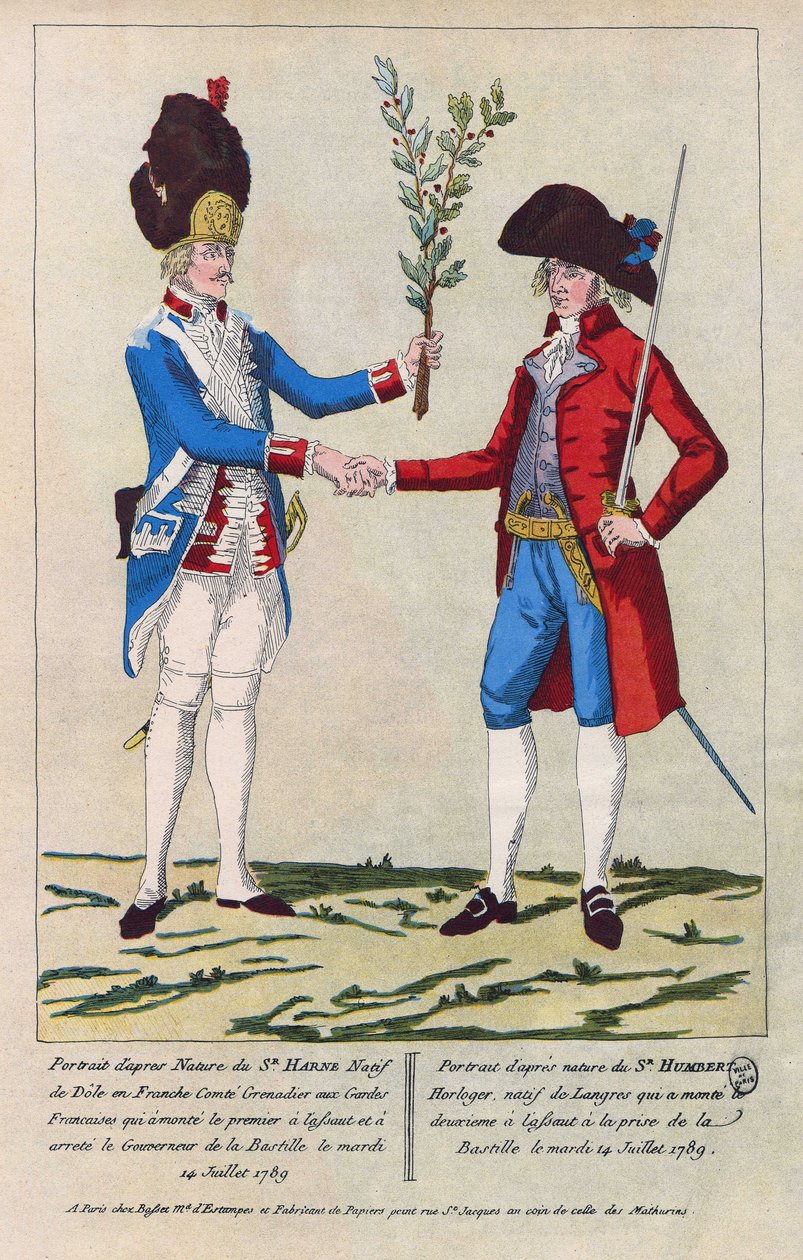 Portrét Sieur Harne, Grenadier a Sieur Humbert, hodinář. Byli to první muži, kteří byli napadeni při dobývání Bastily 14. července 1789. Rytina z roku 1790. od French School