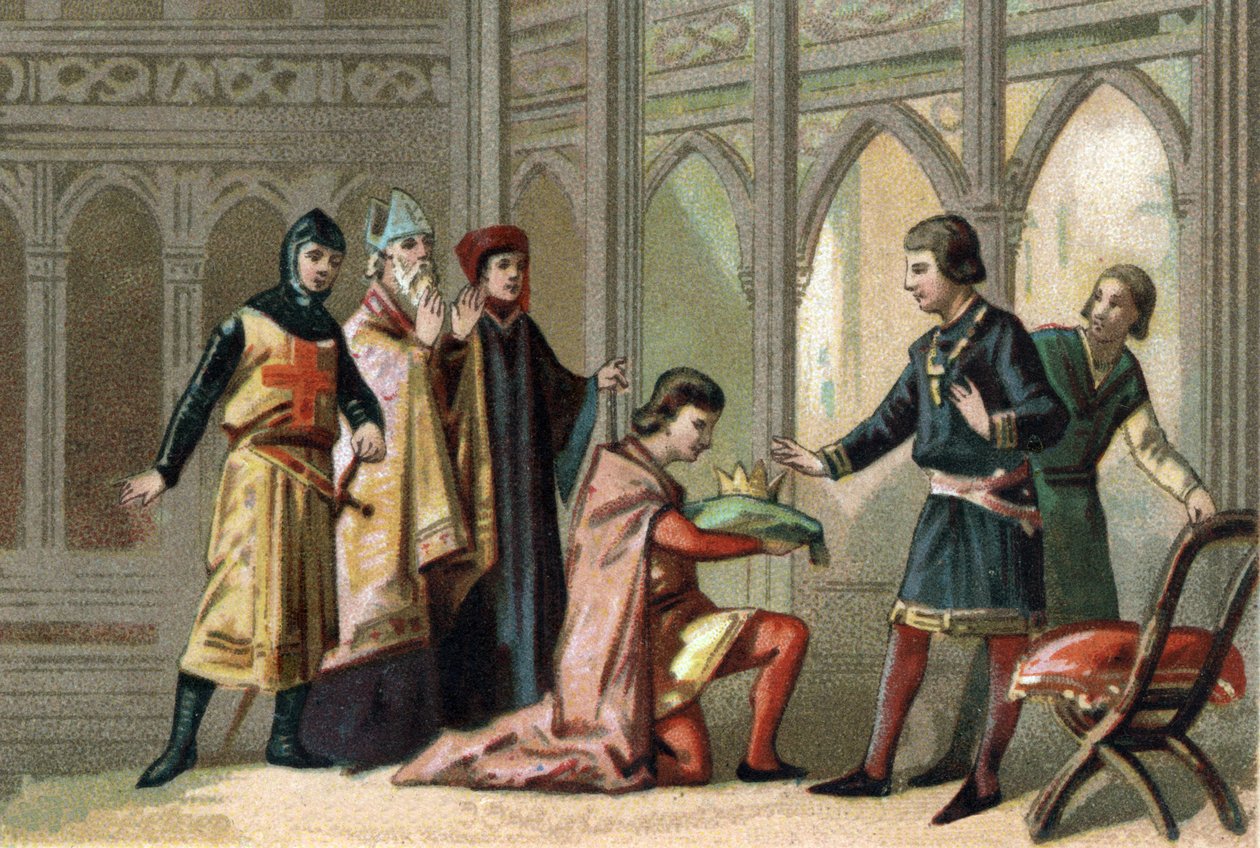 Po smrti Ludvíka X. se koruna vrátila jeho mladšímu bratrovi Philippe V dit Le Long (1294-1322). Scénu navštěvují tři feodální řády. Chromolitografie kolem roku 1890. od French School