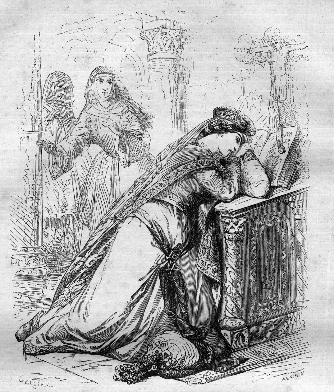 Agnes de Meranie neboli Meran (1172-1201), královna Francie, byla poslána do kláštera králem Filipem Augustem. Rytina do „“ Historie papežů (...) Zločiny královny, krále a císařů v průběhu staletí“ od Maurice Lachatre od French School