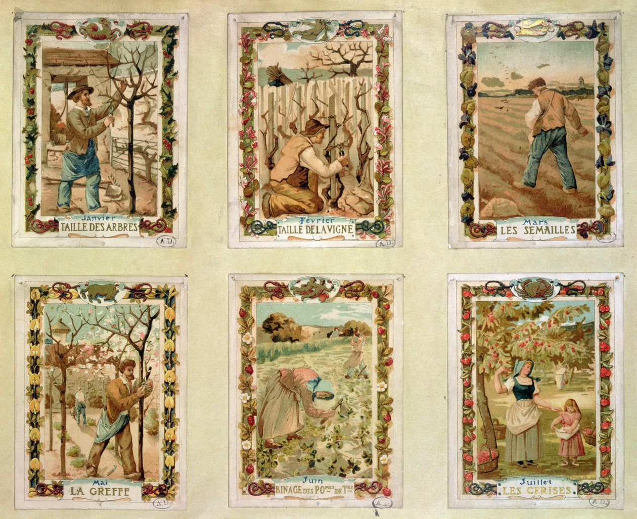 Zemědělský kalendář zobrazující různá roční období hospodaření, konec 19. století od French School