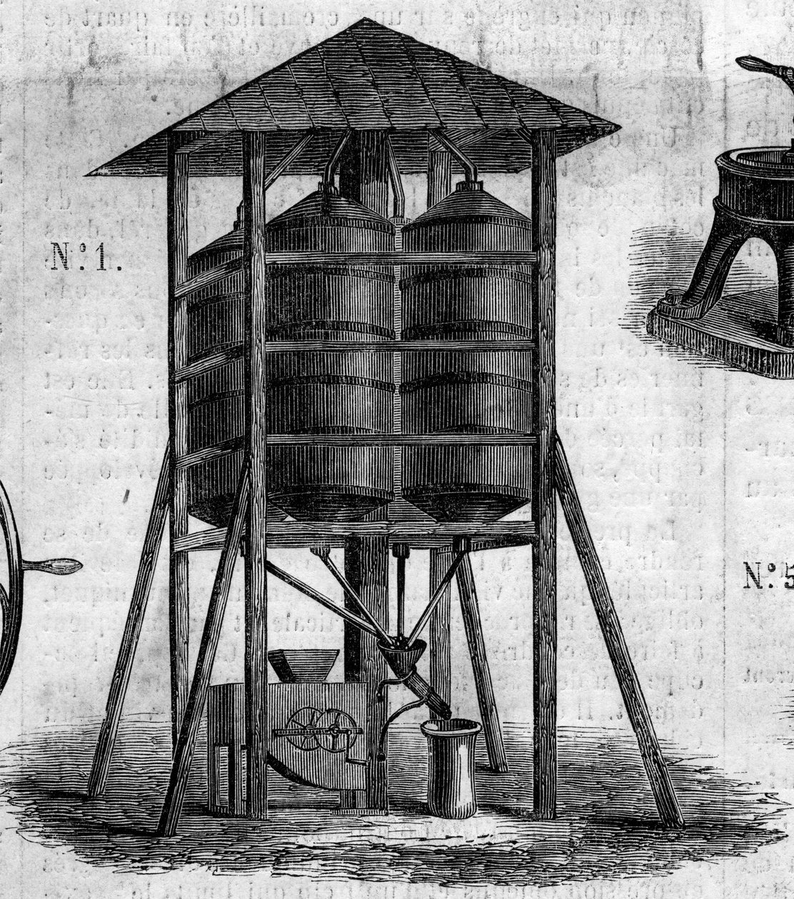 Zemědělský stroj: konzervativní půda pro pšenici představená na zemědělské výstavě v roce 1860 v Paříži. Rytina v „“ Le Monde Illustré““ č. 168 z 30. června od French School