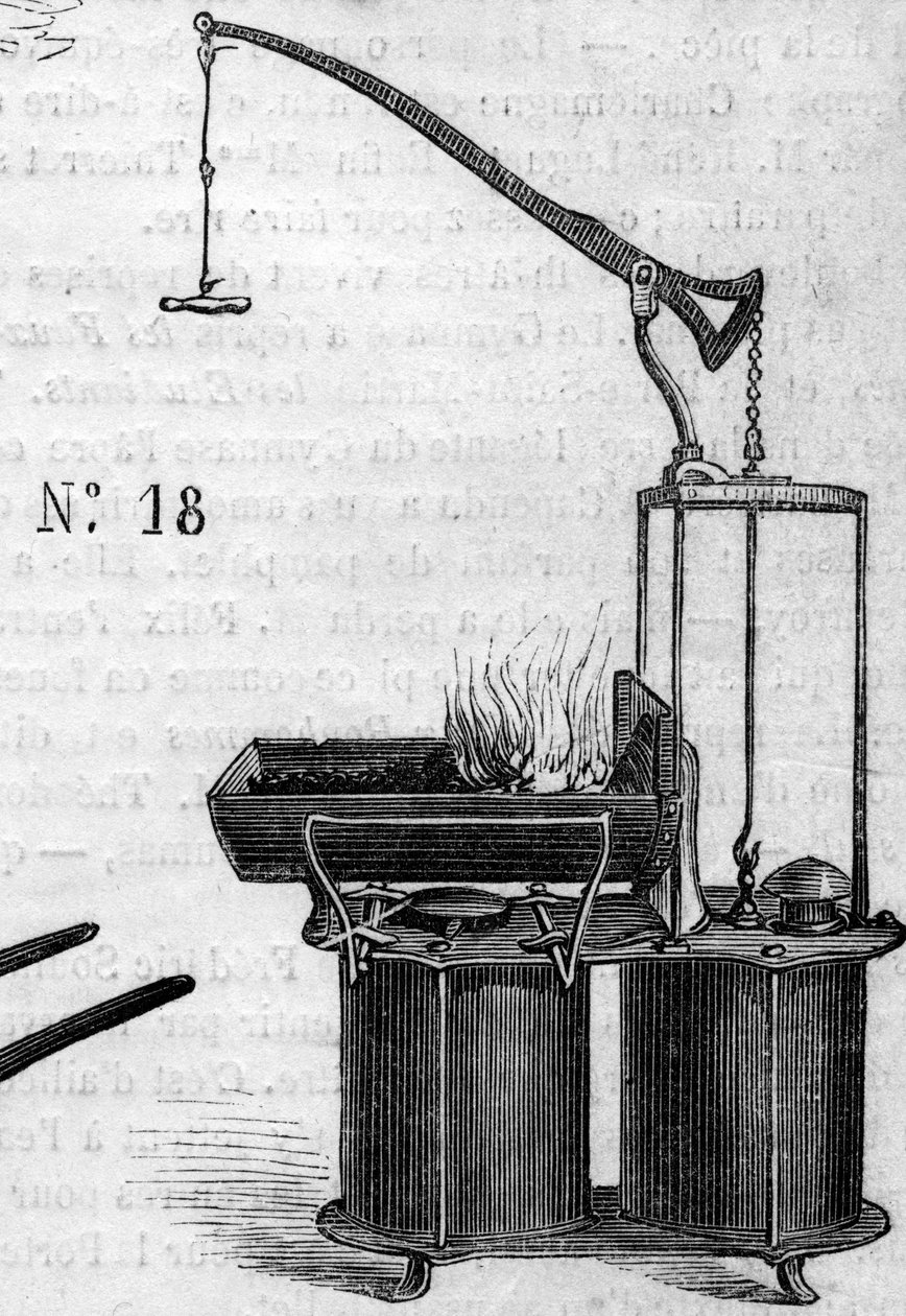 Zemědělský stroj: kovárna s dvojitým větrným pístem představená na zemědělské soutěži v Paříži v roce 1860. Rytina v „“ Le Monde Illustré““ č. 172 z 28. července 1860. od French School