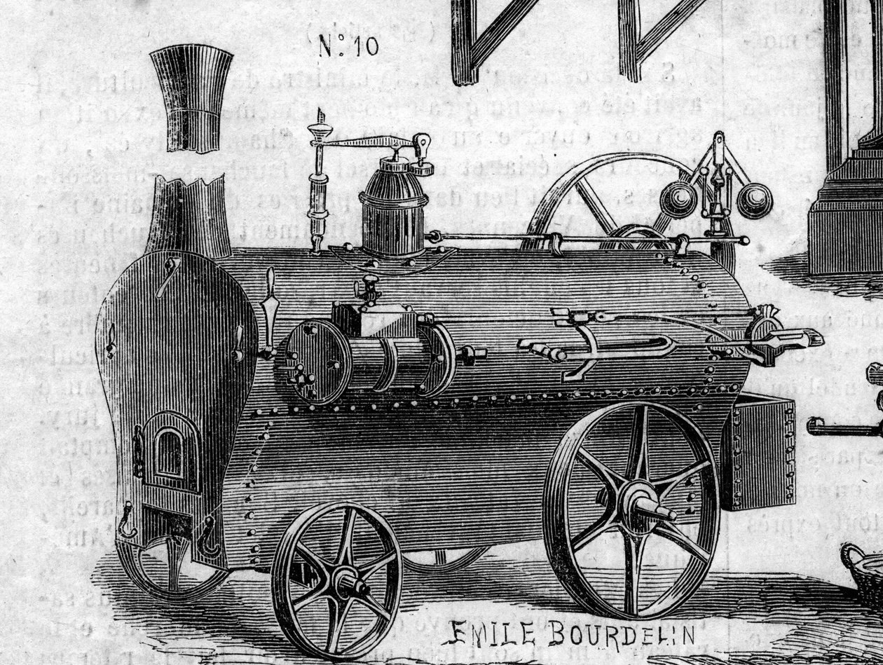 Zemědělský stroj: lokomotiva představená na zemědělské soutěži v Paříži v roce 1860. Rytina v „“ Le Monde Illustré““ č. 169 ze 7. července 1860. od French School