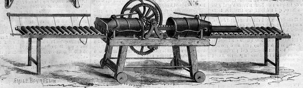 Zemědělský stroj: stroj na výrobu drenážních trubek představený na zemědělské výstavě v roce 1860 v Paříži. Rytina v „“ Le Monde Illustré““ č. 168 z 30. června od French School