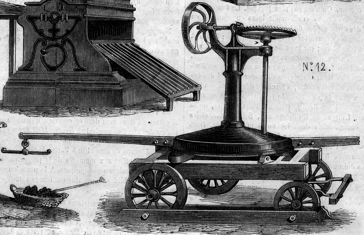 Zemědělský stroj: přenosná manéž představená na zemědělské soutěži v Paříži v roce 1860. Rytina v „“ Le Monde Illustré““ č. 169 ze 7. července 1860. od French School