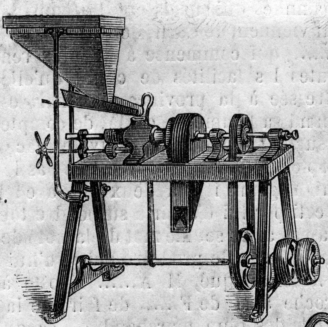 Zemědělský stroj: malý mlýn na zemědělské výstavě v roce 1860 v Paříži. Rytina v „“ Le Monde Illustré““ n¡168 z 30. června 1860. od French School