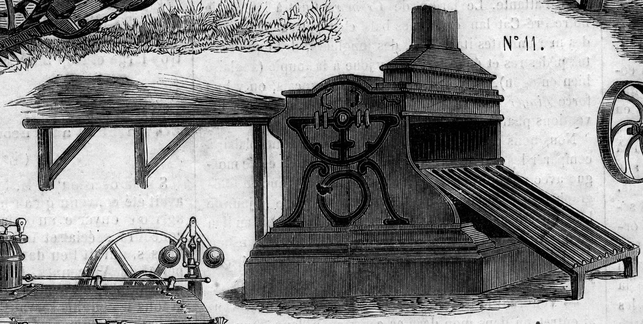 Zemědělský stroj: mlátička představená na zemědělské soutěži v Paříži v roce 1860. Rytina v „“ Le Monde Illustré““ č. 169 ze 7. července 1860. od French School