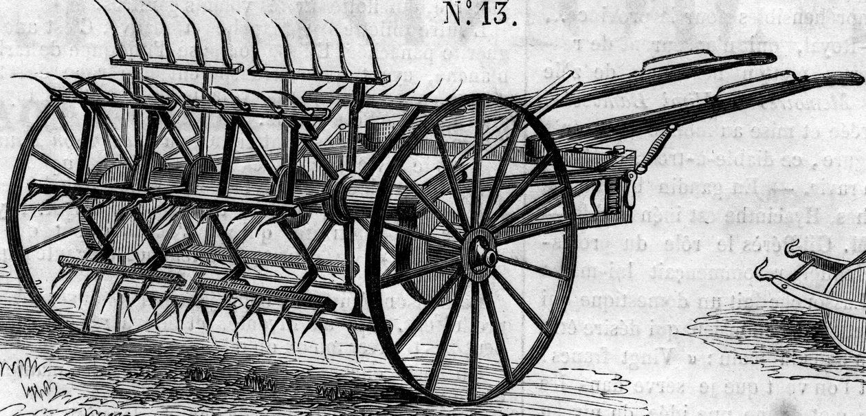 Zemědělský stroj: anglický dvojčinný obraceč představený na zemědělské soutěži v Paříži v roce 1860. Rytina v „“ Le Monde Illustré““ č. 172 z 28. července 1860. od French School