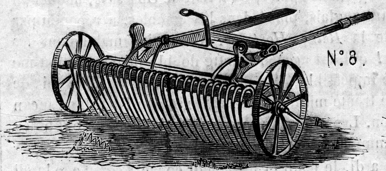 Zemědělský stroj: anglické koňské hrábě prezentované na zemědělské soutěži v Paříži v roce 1860. Rytina v „“ Le Monde Illustré““ č. 169 ze 7. července 1860. od French School