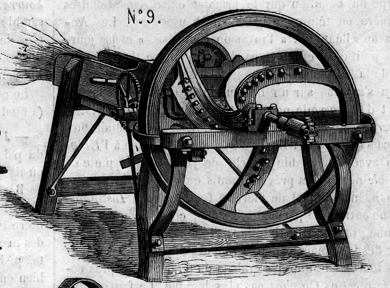 Zemědělský stroj: anglická sekera se slámou představená na zemědělské soutěži v Paříži v roce 1860. Rytina v „“ Le Monde Illustré““ č. 169 ze 7. července 1860. od French School