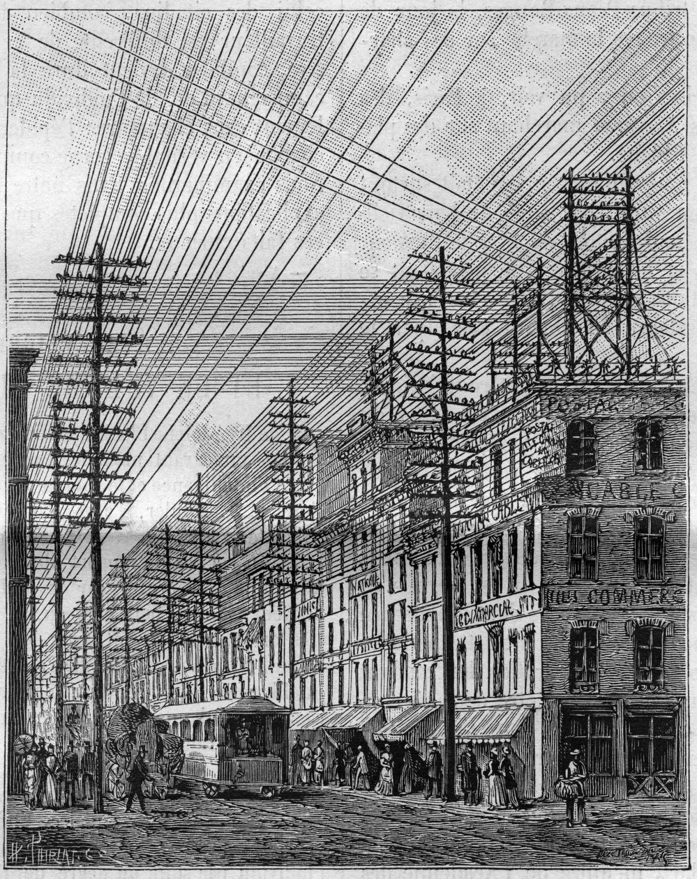Vzduchové elektrické dráty, ve Philadelphii (Spojené státy), roh Chestnut street a třetí ulice. Gravírování v „“ La Nature. Revue des sciences et de ses applications aux arts et a l