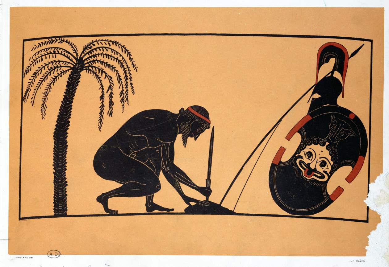 Ajax se připravuje na sebevraždu, ilustrace antické řecké vázy (barva litho) od French School