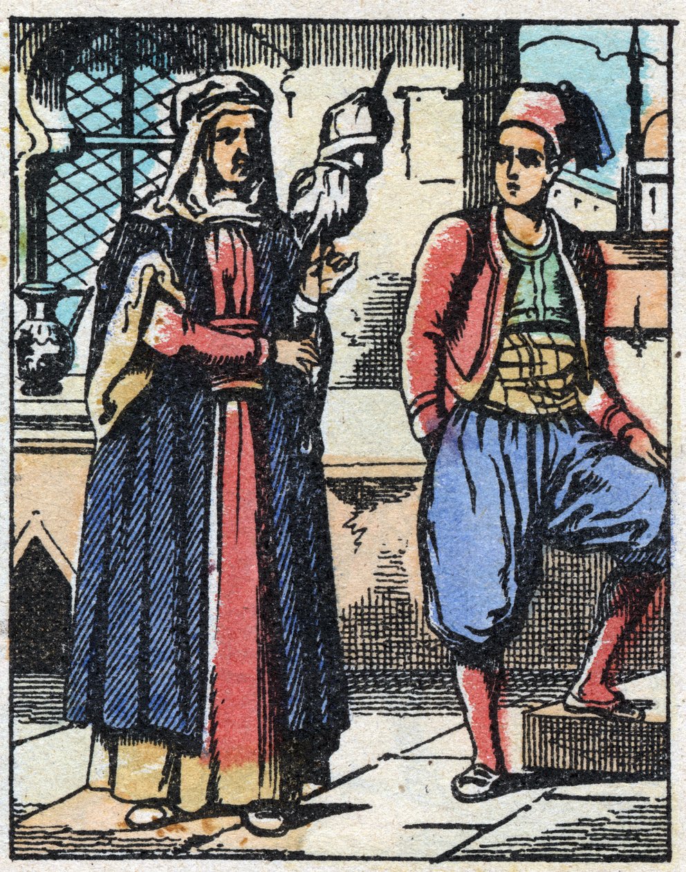 Aladin a jeho matka žijí ze své práce. Rytina příběhu Tisíce a jedné noci „“Aladin a báječná lampa““. Epinal imaging, konec 19. století. Soukromá sbírka. od French School