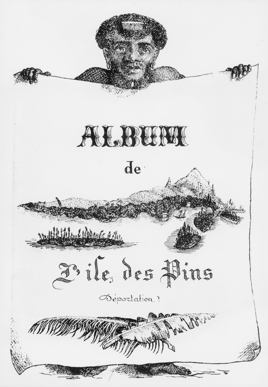 Album of the Isle of Pines, Nová Kaledonie, deportace, ilustrace přední obálky, 1877 (bw litho) od French School