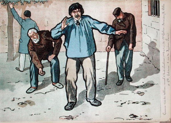 Alkoholici v chudobinci, kopie detailu z nástěnné malby Dr. Galtiera-Boissiera o nebezpečí alkoholismu, konec 19. století (barevná litografie) od French School