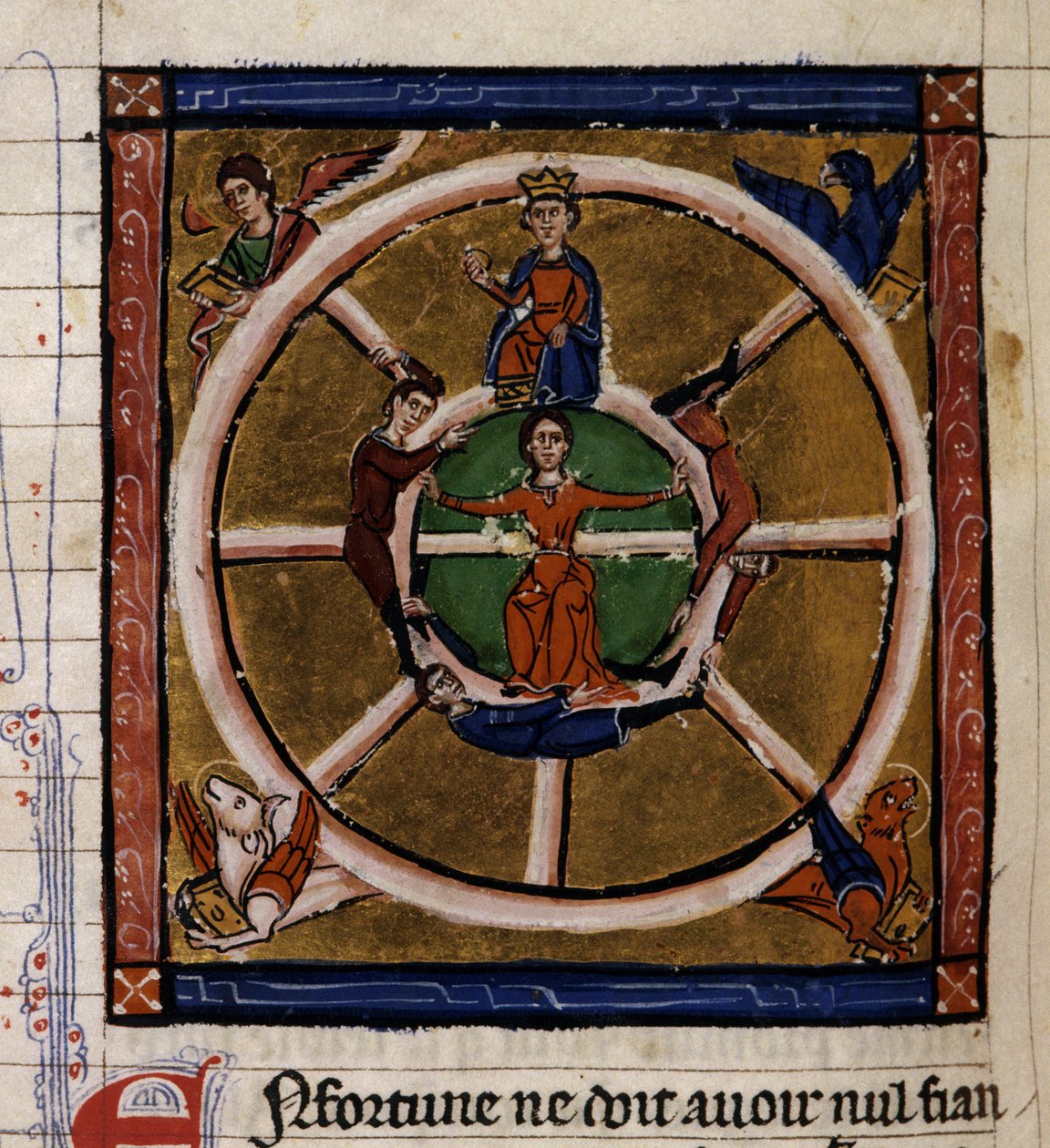 Alexander III Veliký (356-323 př.nl) sedící na kole Štěstěny obklopuje Tetramorfa. Miniatura rukopisu „Histoire ancienne à la Cesar“, kolem 1260-1270, napsaného úředníkem ve službách dvora Rogera IV., Chatelainem z Lille (120 od French School