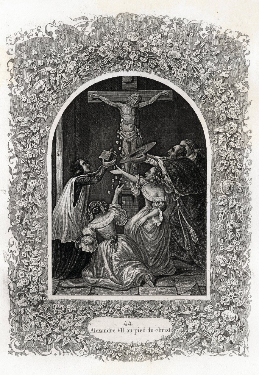 Alexander VII (Alexander nebo Alessandro) (papež 1655 až 1667) u nohou Krista. Rytina k ilustraci Histoire des Popes od Maurice Lachatre (1814-1900), librairie du progres, Paříž. od French School