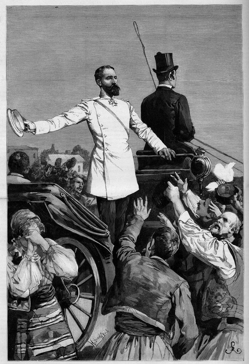 Alexandr z Battenbergu - Kníže Alexandr I. po jeho abdikaci byl lidmi oslavován, když opustil Sofii. Gravírování v „The Illustrous World“ od French School