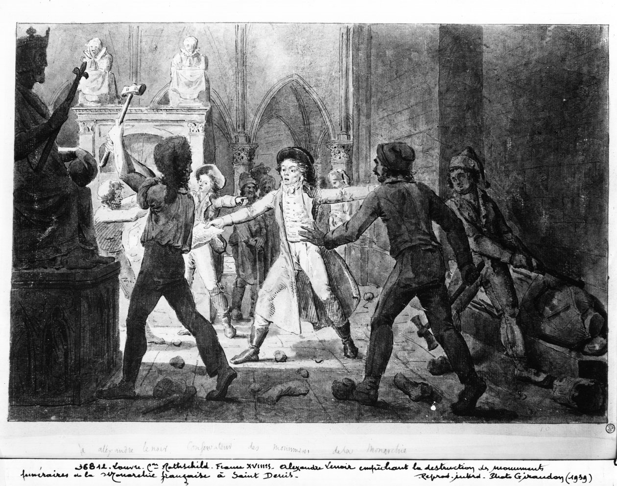Alexandre Lenoir (1761-1839) proti zničení královských hrobek francouzské monarchie v kostele Saint-Denis, 1793 (pero a inkoust a mytí na papíře) od French School