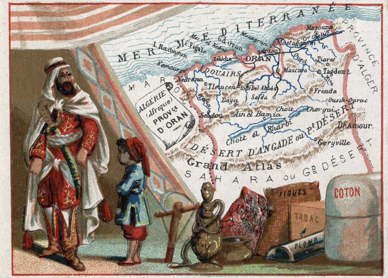 Alžírsko v Africe a provincie Oran, Francie. Seriál o francouzských departementech. Dovoz fíků, bavlny, tabáku, agathe a olova. Chromolitografie (Chromo) „“geografické vlákno“, kolem roku 1920. Soukromá sbírka. od French School