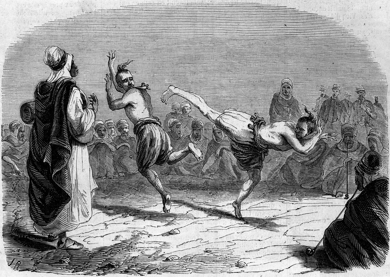 Alžírský zvyk: arabský tanec. Kresba pana Riga podle náčrtu pana Amelera, velitele praporu. Rytina v „“ Le Monde Illustré““ č. 86 z 11. prosince 1858. od French School