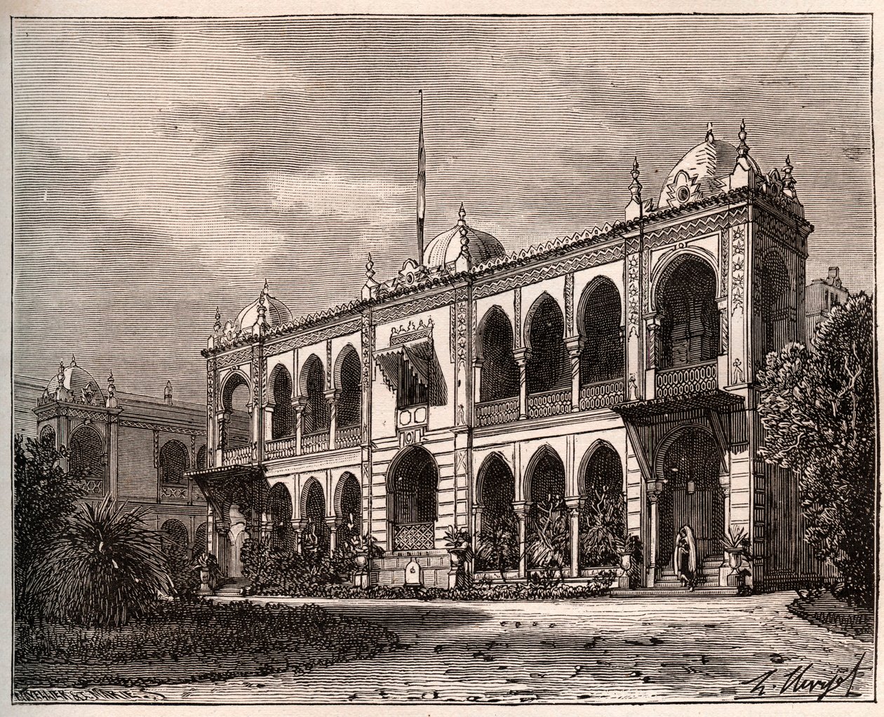 Alžír - Guvernérský palác v Mustapha - rytina v „La France illustrée: geografie, historie, statistická správa“ od V.A. Malt-Brown. 1884 od French School