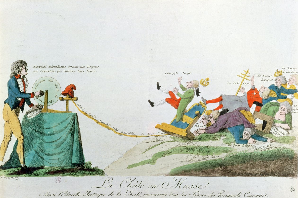 Všichni padají, elektřina generovaná Deklarací práv člověka během Francouzské revoluce převrací trůny a panovníky Evropy, kolem roku 1793 od French School