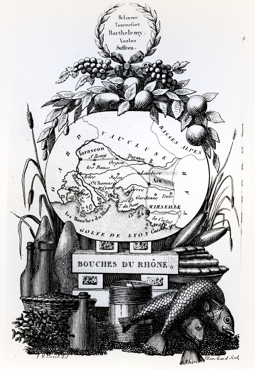 Alegorická mapa departementu Bouches-du-Rhone, kolem roku 1830 od French School