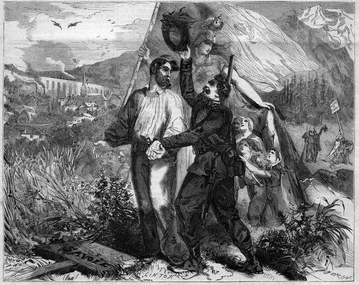 Alegorie připojení Savojska k Francii v roce 1860. Rytina v „“ Le Monde Illustré““ č. 167 z 23. června 1860. od French School