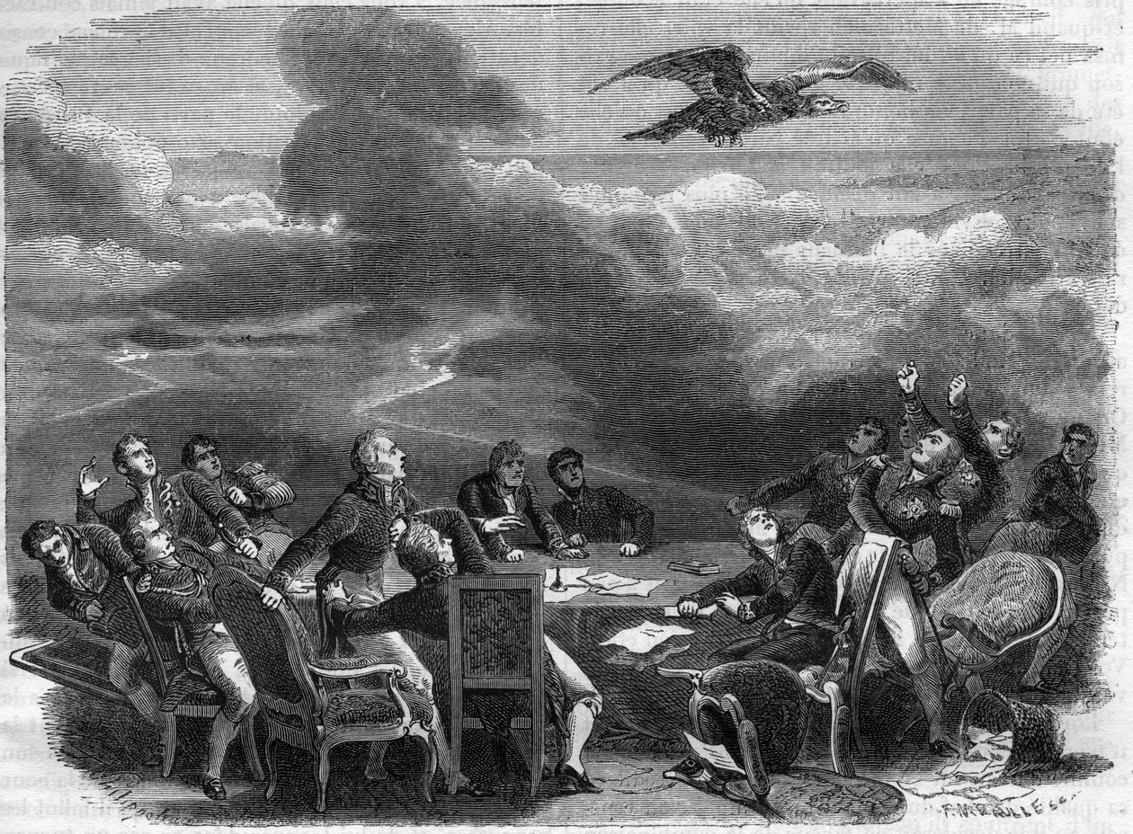 Alegorie konce vídeňského kongresu v roce 1815 - mimořádná agitace diplomatů, kteří se učili vylodění Napoleona - v „Dějinách impéria po dějinách konzulátu“ od Adolphe Thierse - 1879 - soukromá sbírka od French School
