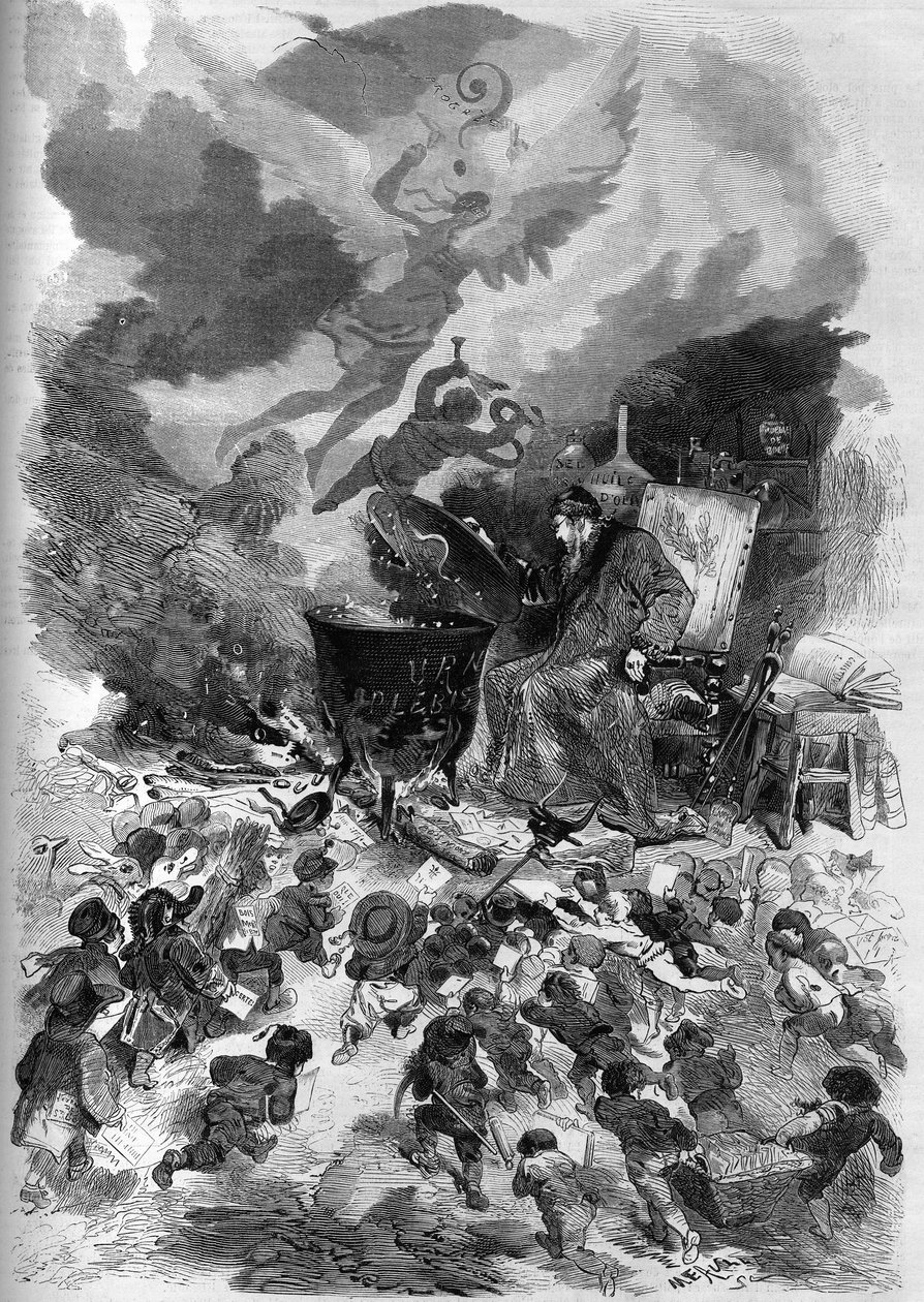 Alegorie na plebiscit Napoleona III. v roce 1870. Z plebiscitní urny se stává hrnec, ve kterém vře lidové hlasování. Oheň je živen mrtvým dřevem starého stromu francouzské ústavy. Rytina Edmonda Morina v „“ The Illustrous Worl od French School