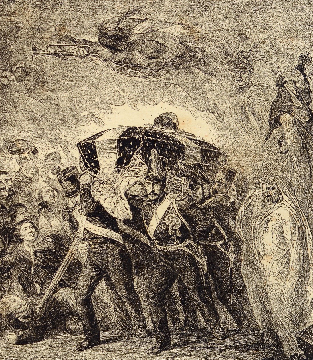 Allegoria Ranskan keisarin Napoleon Bonaparten tuhkan paluusta vuonna 1840. 1800-luku (kaiverrus kirjasta "Clours, mores, usages, costumes, keksintös" od French School