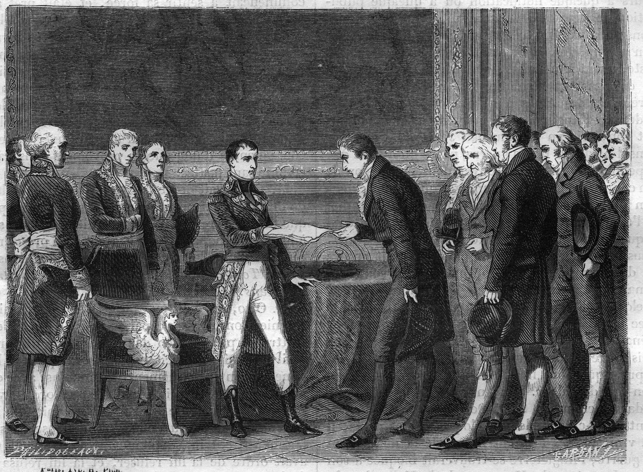 Přidělení prvního konzula Bonaparta švýcarským zástupcům Helvetské republiky tím, že jim v listopadu 1802 udělil akt zprostředkování – rytina z „Histoire du Consulate et de l