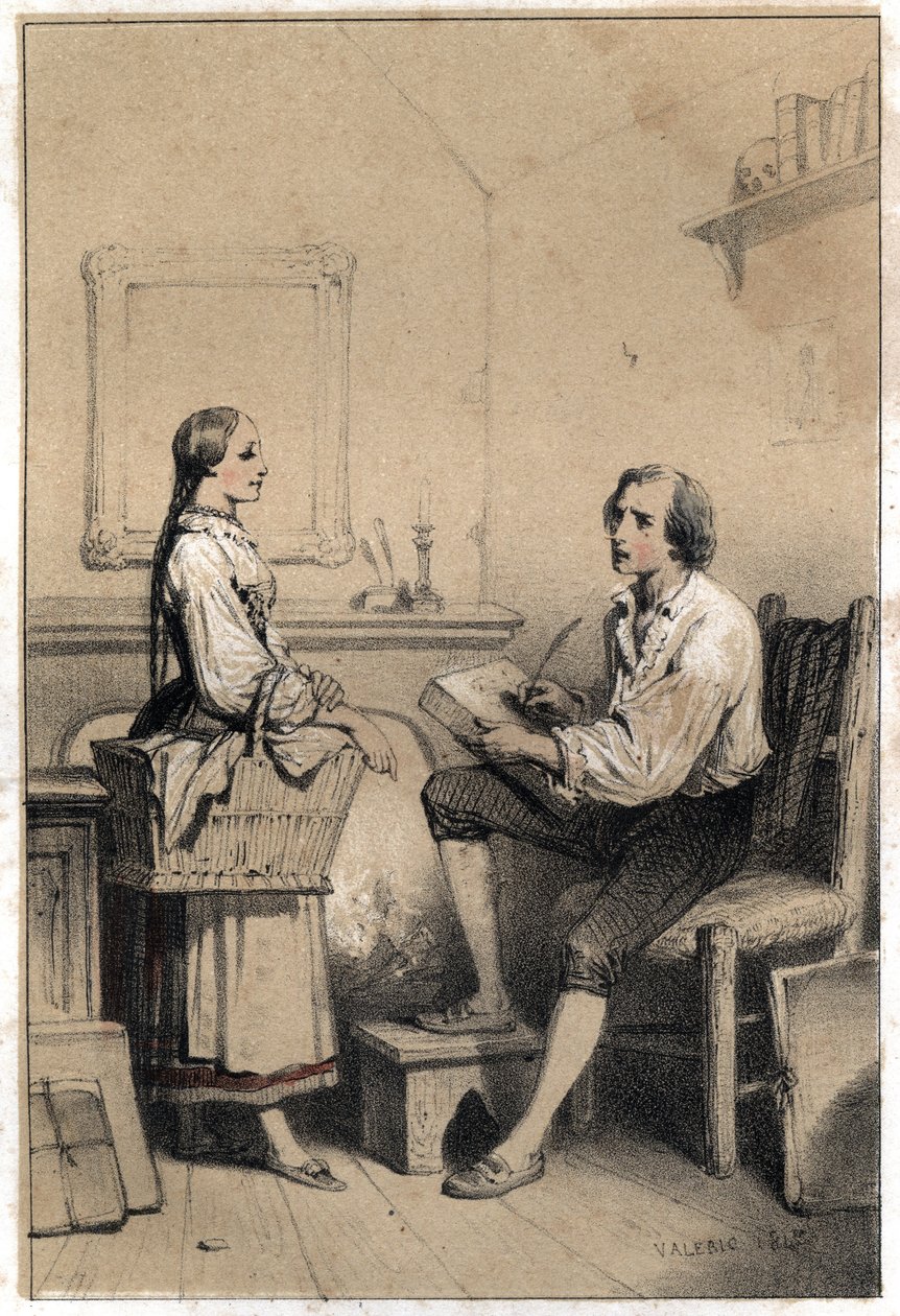 Alois Senefelder (nebo Aloysius či Aloys) nebo Johann Nepomuk Franz Aloys (1771-1834), český básník a rytec, zůstává bez listu papíru ve chvíli hněvu a zoufalství, které ho vedlo k tomu, aby vše hodil do plamenů. poznámka o prádelně od French School