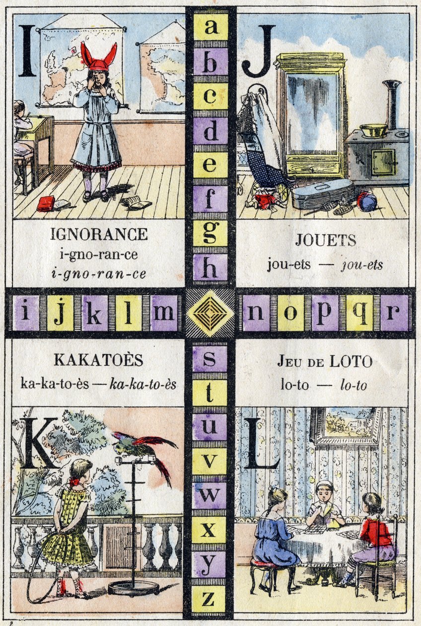 Abeceda a písmeno I J K a L, nevědomost, hračky, kakatoes a hra lotto. ABC malých dívek. Epinální zobrazování od French School