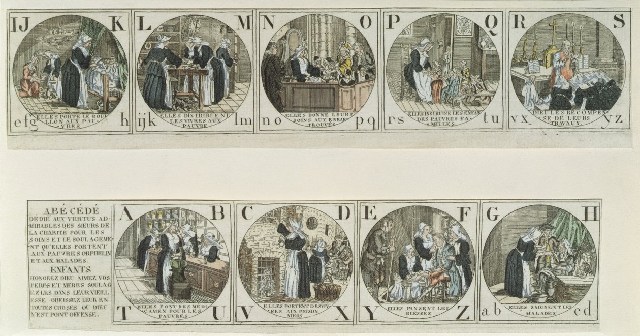 Abecední základ zobrazující dílo Milosrdných sester, počátek devatenáctého století (barevná rytina) od French School