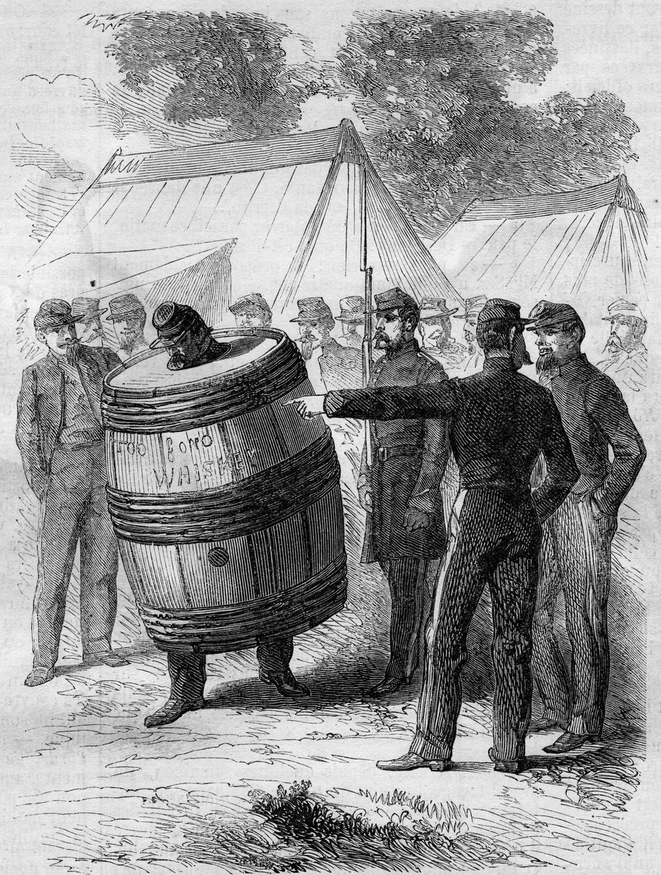 Americká občanská válka (1861-1865): potrestání opilého vojáka armády Konfederace. Má na sobě piercing do sudu a chodí po táboře pod zábavným pohledem ostatních vojáků. Rytina v „“ Le Monde Illustré““ č. 276 z 26. července 1862. od French School