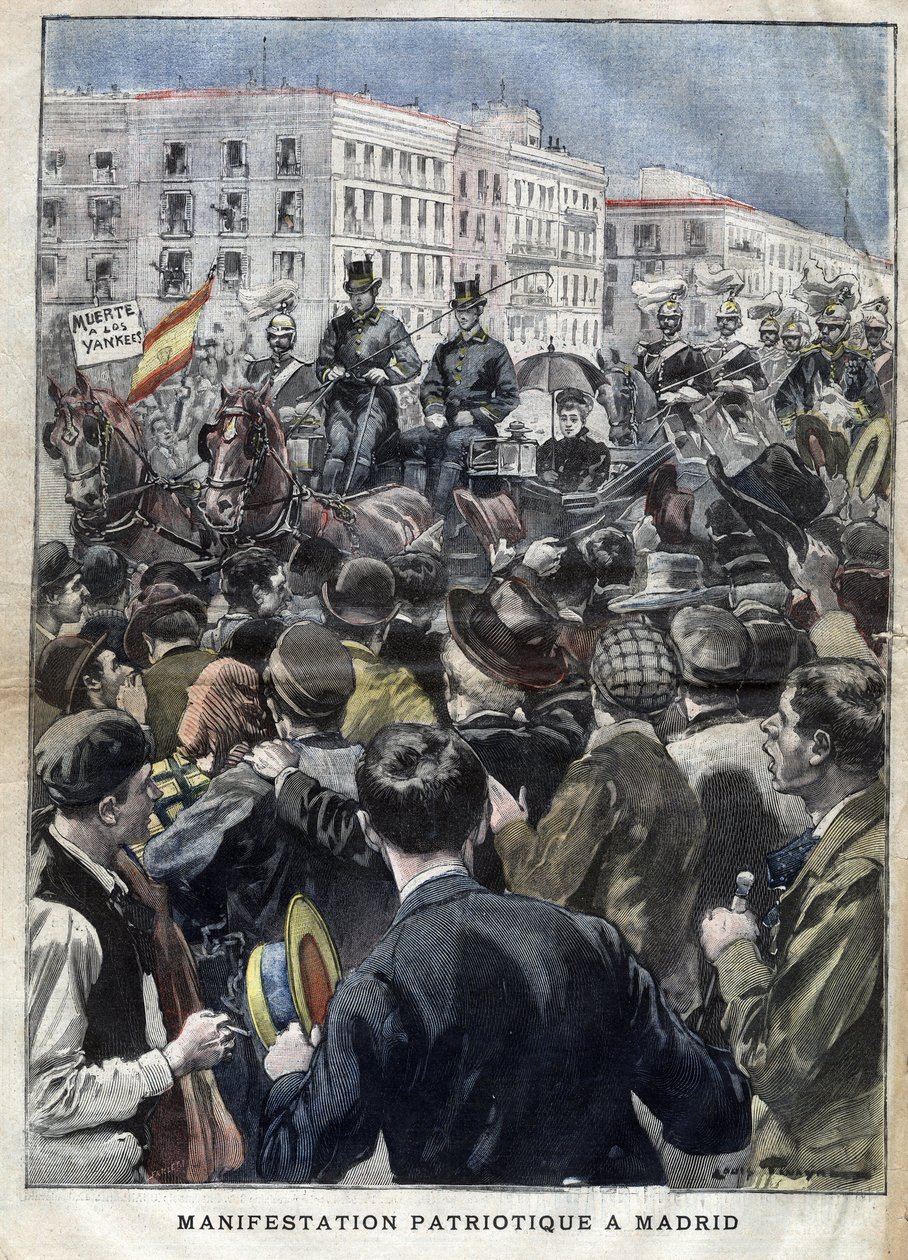 Americká hispánská válka (nebo Desastre z roku 1898) - vlastenecká demonstrace v Madridu v roce 1898 za přítomnosti španělské královny Marie Christine (1858-1929) - rytina v „La petite Gironde“ z roku 1898 od French School