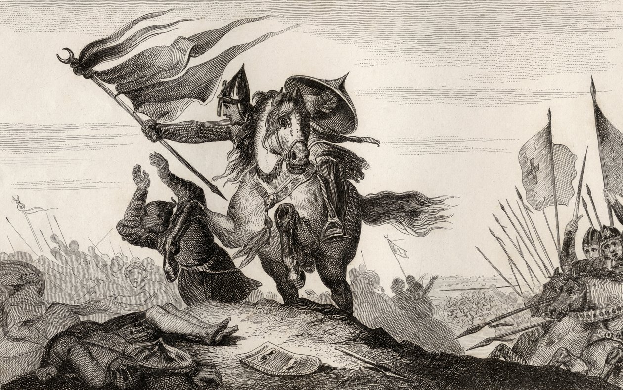 Francouzský rytíř v bitvě z 8. století, z Colartovy knihy "Histoire de France", vydané kolem roku 1840 (rytina) od French School