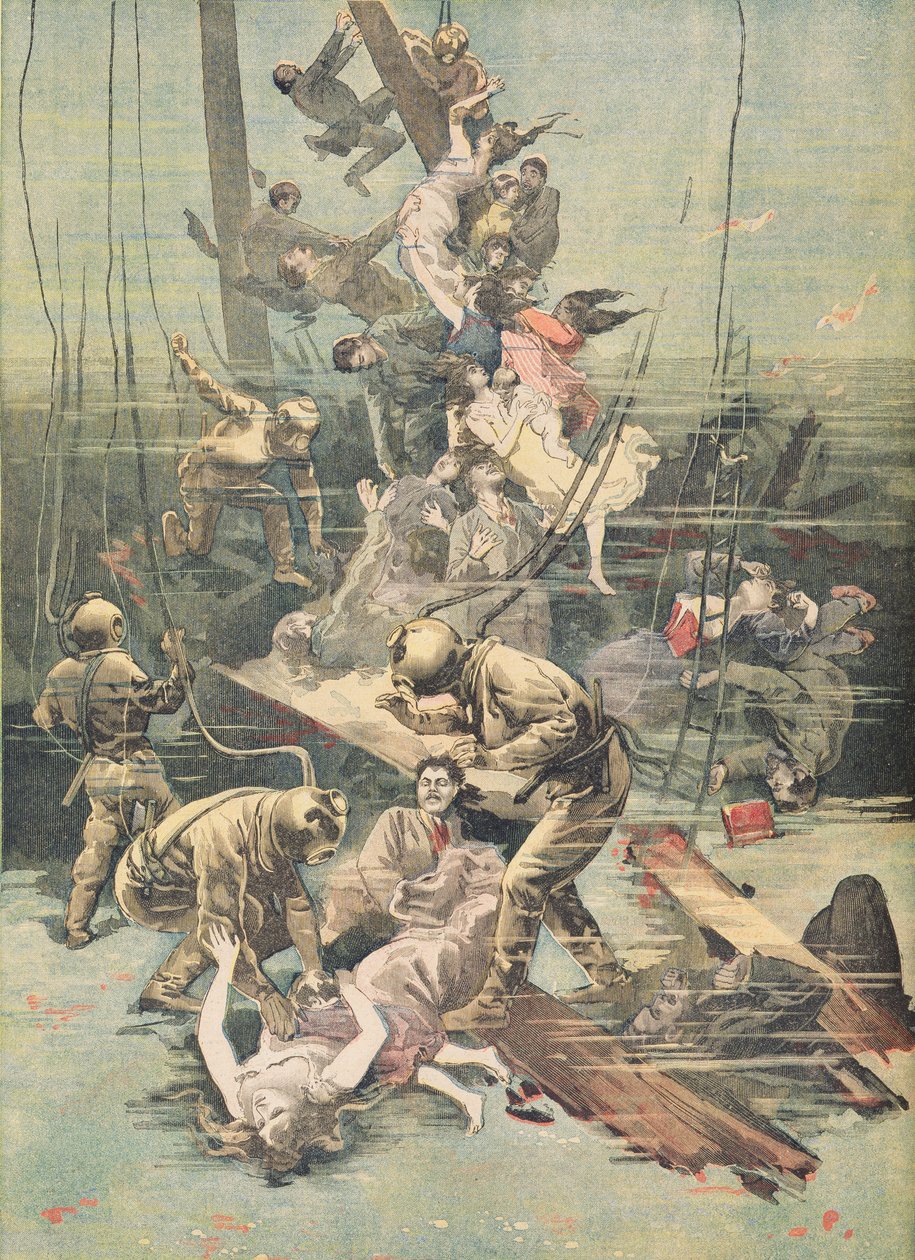 Nehoda v Santanderu, Potápěči hledající těla obětí, ilustrace z „Le Petit Journal“, 25. listopadu 1893 od French School