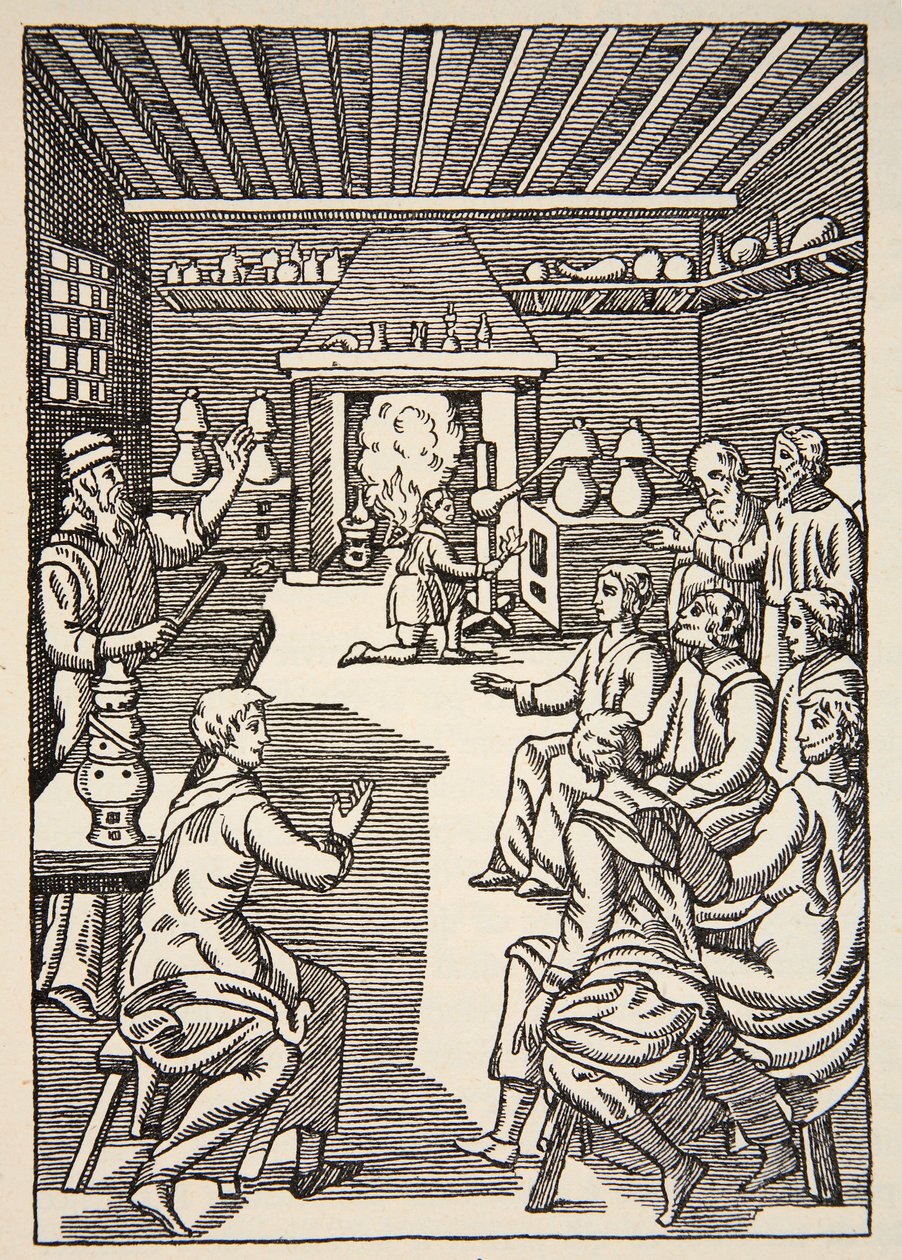 Lekce alchymie ve 14. století, kopie Borise Mestcherského (zemř. 1957), ilustrace z knihy Histoire de la Nation Francaise, Sciences, svazky I a II, autor Gabriel Hanotaux (1853-1944), 1924. od French School