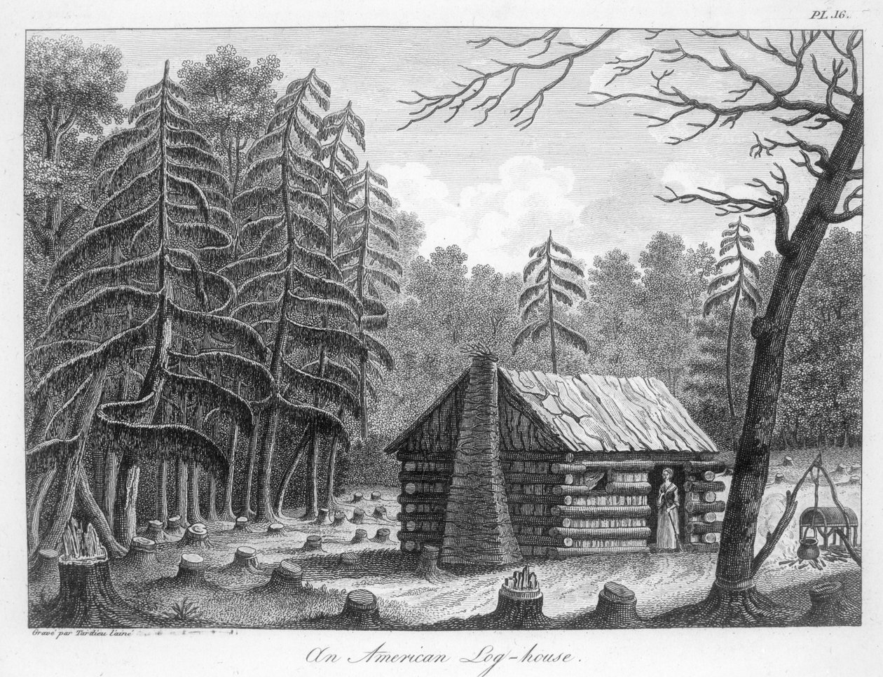 Americký srub, vyrytý Tardieu od French School