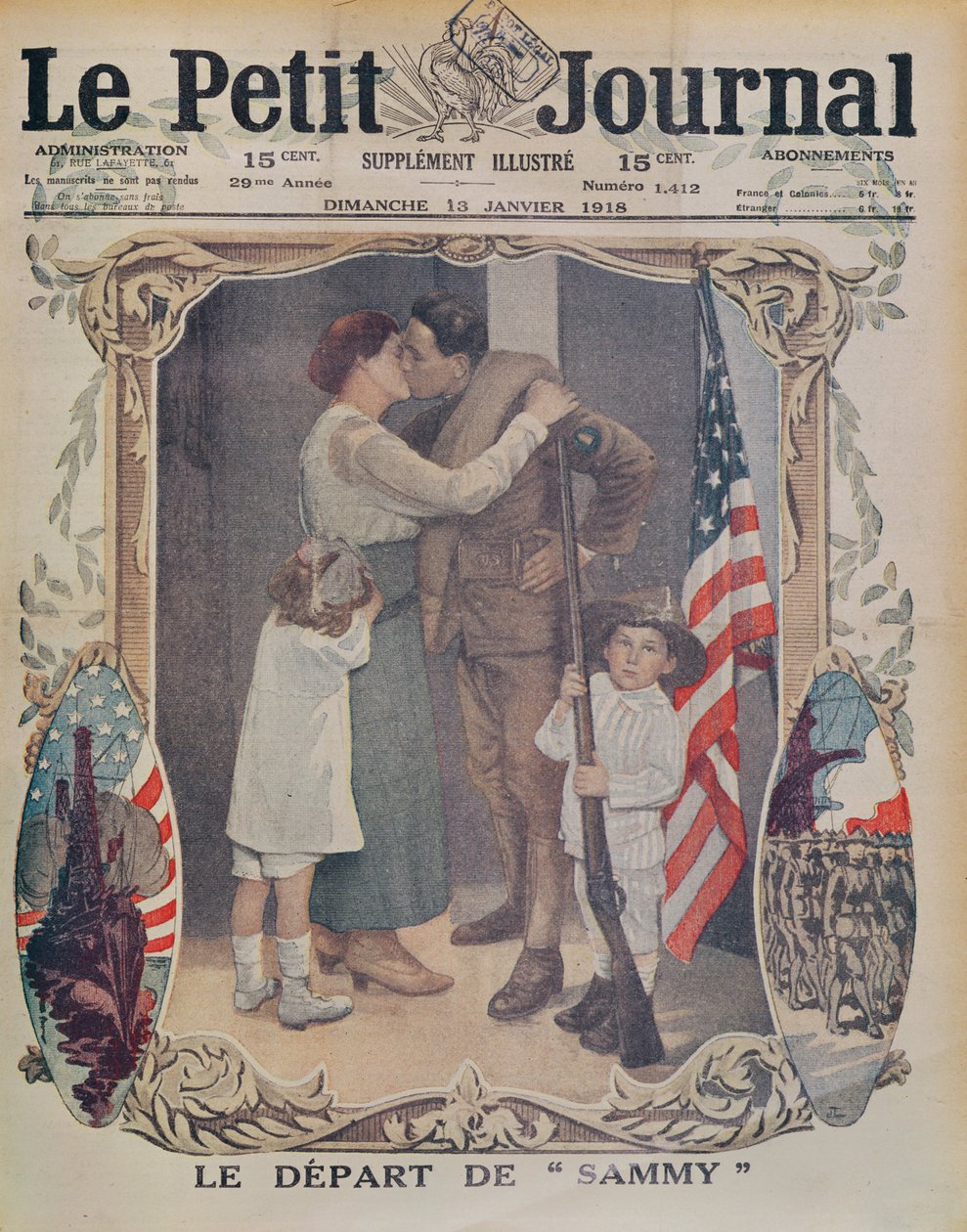 Americký voják odcházející do Evropy během 1. světové války, ilustrace na obálce Le Petit Journal, 13. ledna 1918 od French School