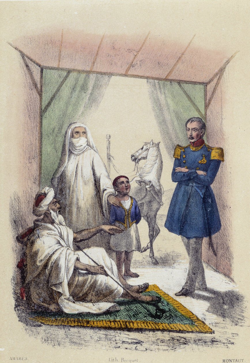 Arabskou rodinu navštěvuje voják; ilustrace pro arabské země, -v „Dvanácti národech““ od M.E Fouineta od French School